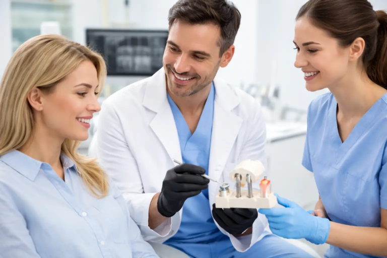 Dentist explaining what to expect during the dental implant process to patient in a clean, modern dental office in Miami